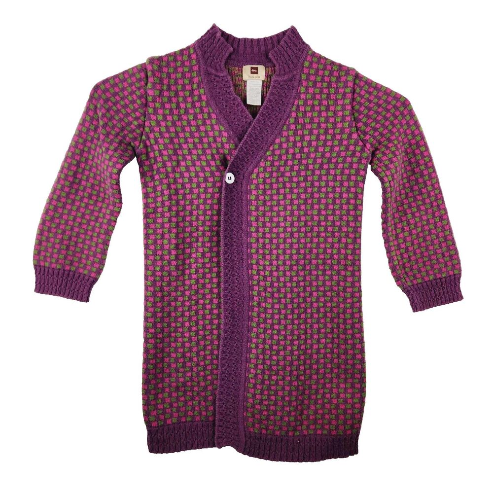Tea Collection Girls Size 5 Cardigan Sweater Purple Green Checkered EUC